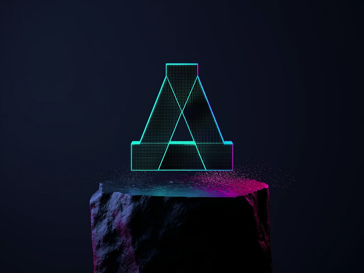 Emblema geometrico forgiato con la luce su un piedistallo
